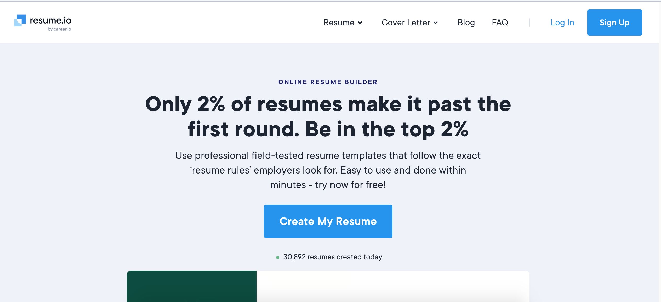 Screenshot of Resume.io homepage